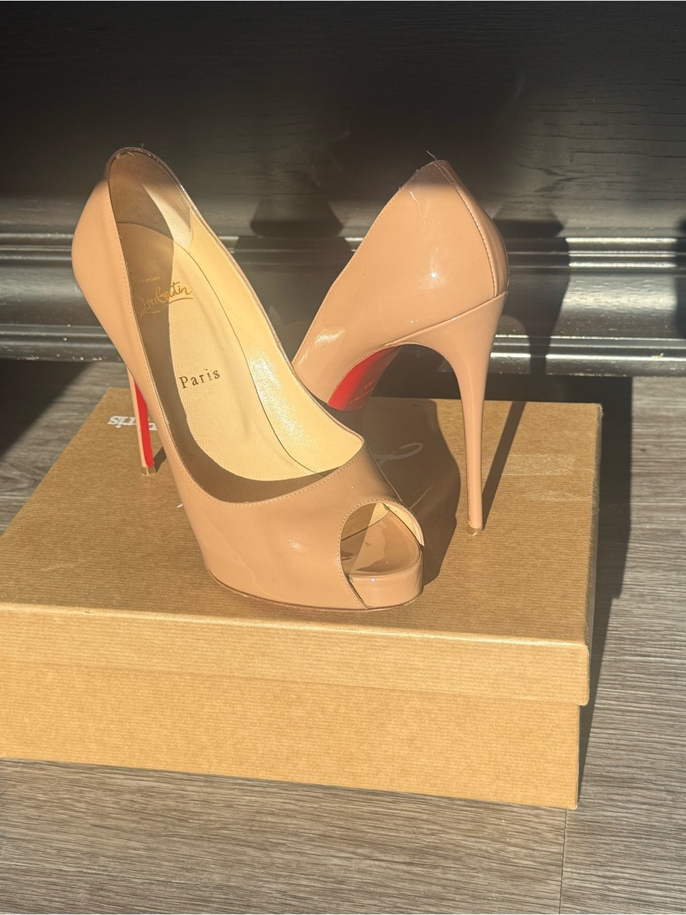 Christian Louboutin Nude Patent Peep-Toe Stiletto Heels